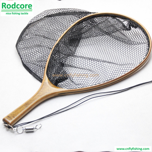 burled wood handle landing net with rubber coated netting